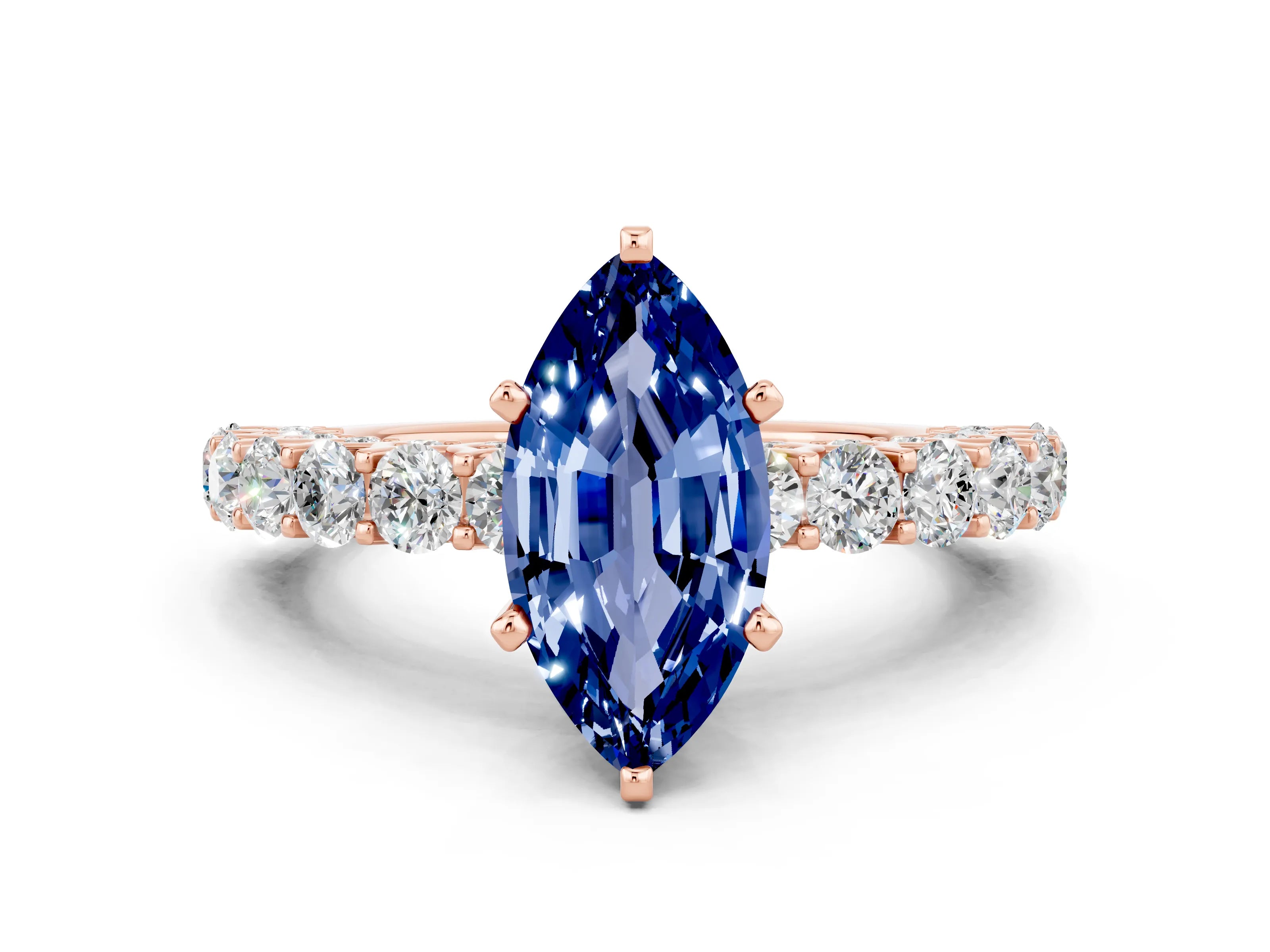 Rose gold Marquise Cut Blue Sapphire Solitaire Ring with Shared Prong Pavé Band and Four-Prong Setting