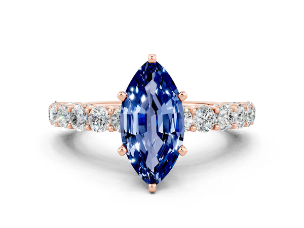Rose gold Marquise Cut Blue Sapphire Solitaire Ring with Shared Prong Pavé Band and Four-Prong Setting