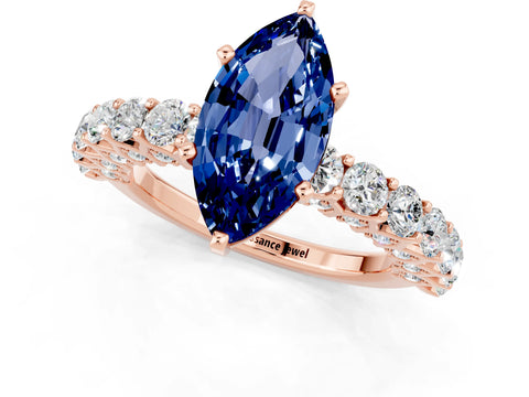 Rose gold Marquise Cut Blue Sapphire Solitaire Ring with Shared Prong Pavé Band and Four-Prong Setting_1