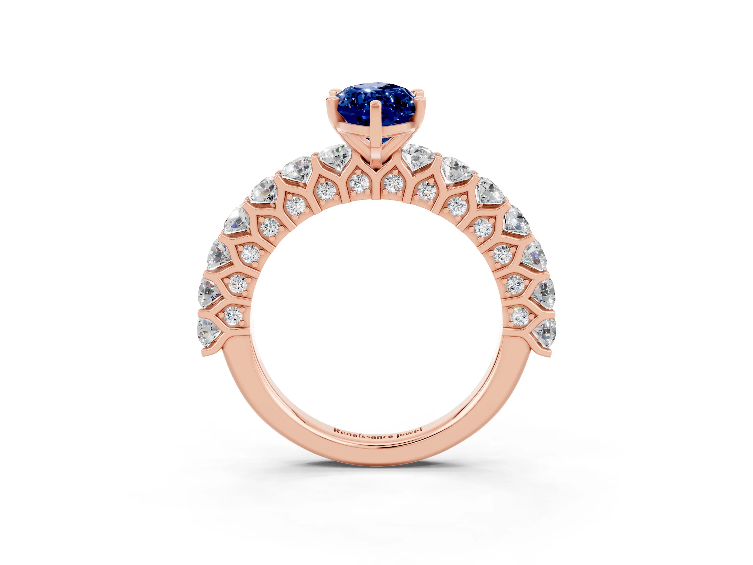 Rose gold Marquise Cut Blue Sapphire Solitaire Ring with Shared Prong Pavé Band and Four-Prong Setting_3