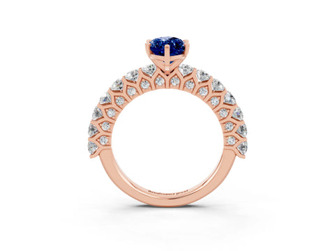 Rose gold Marquise Cut Blue Sapphire Solitaire Ring with Shared Prong Pavé Band and Four-Prong Setting_3