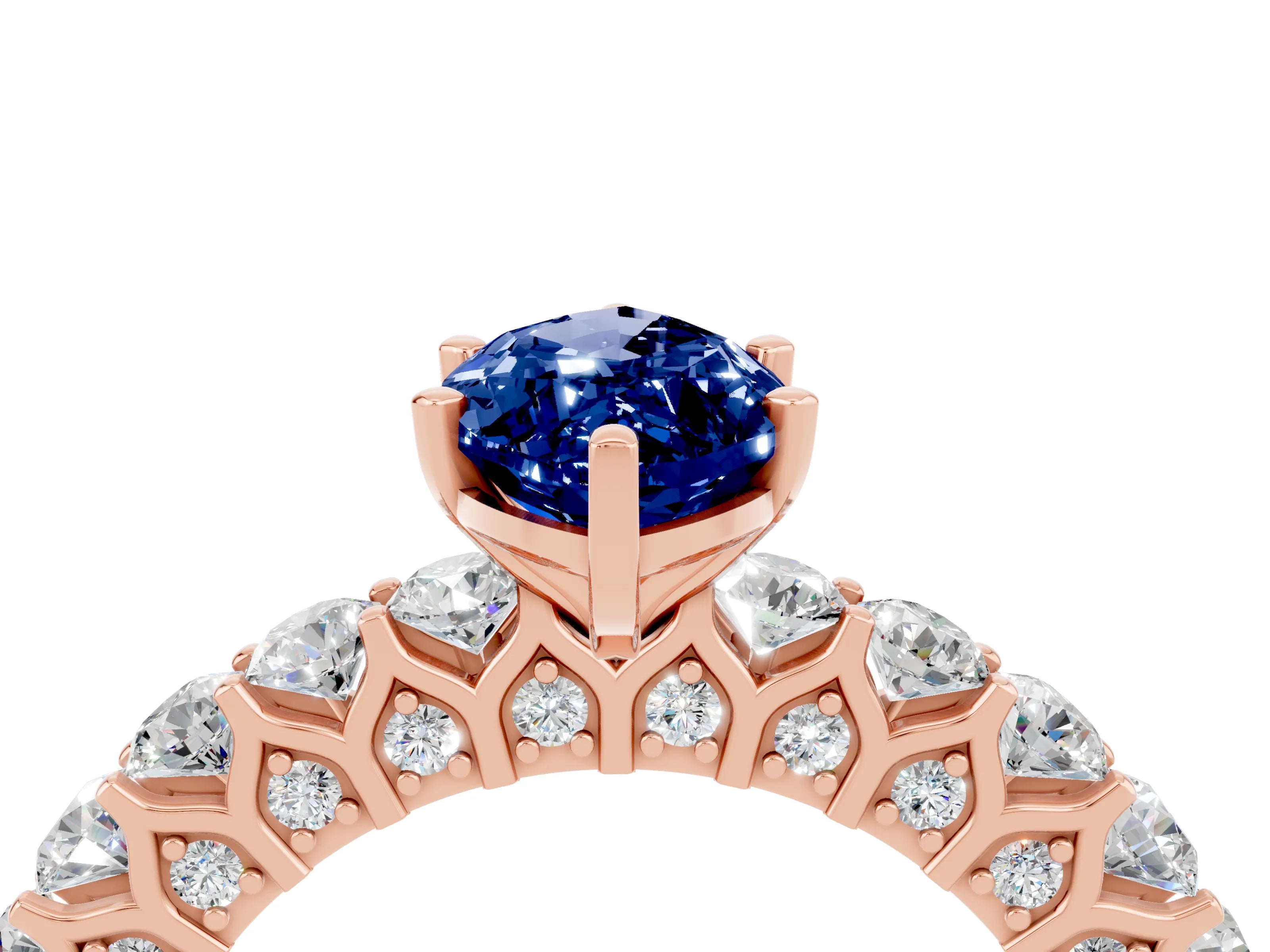 Rose gold Marquise Cut Blue Sapphire Solitaire Ring with Shared Prong Pavé Band and Four-Prong Setting_4