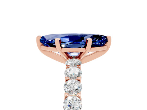 Rose gold Marquise Cut Blue Sapphire Solitaire Ring with Shared Prong Pavé Band and Four-Prong Setting_5