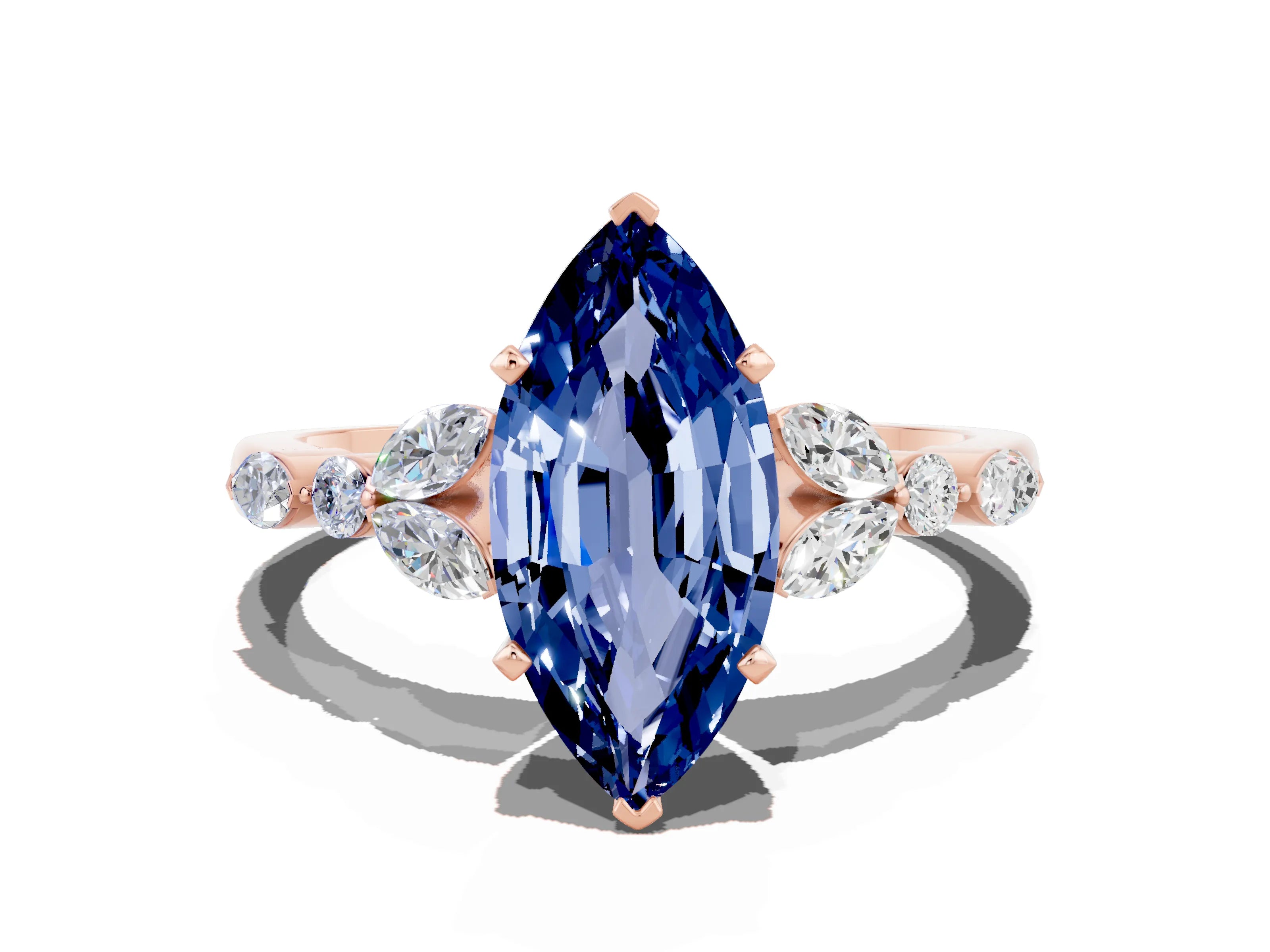 Rose gold Marquise Cut Blue Sapphire Solitaire Ring with Side Stones and Four-Prong Setting_12
