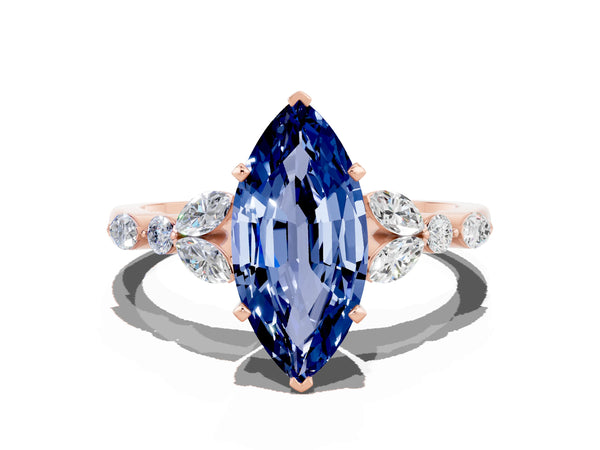 Rose gold Marquise Cut Blue Sapphire Solitaire Ring with Side Stones and Four-Prong Setting