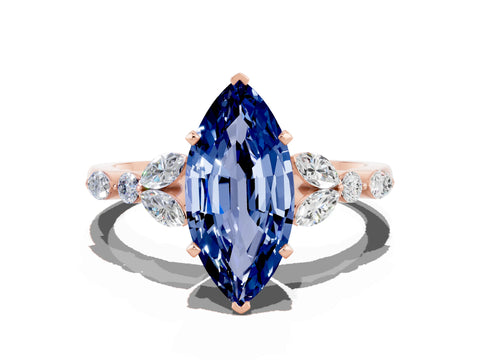 Rose gold Marquise Cut Blue Sapphire Solitaire Ring with Side Stones and Four-Prong Setting_12