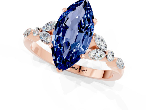 Rose gold Marquise Cut Blue Sapphire Solitaire Ring with Side Stones and Four-Prong Setting