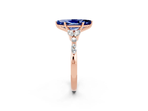 Rose gold Marquise Cut Blue Sapphire Solitaire Ring with Side Stones and Four-Prong Setting