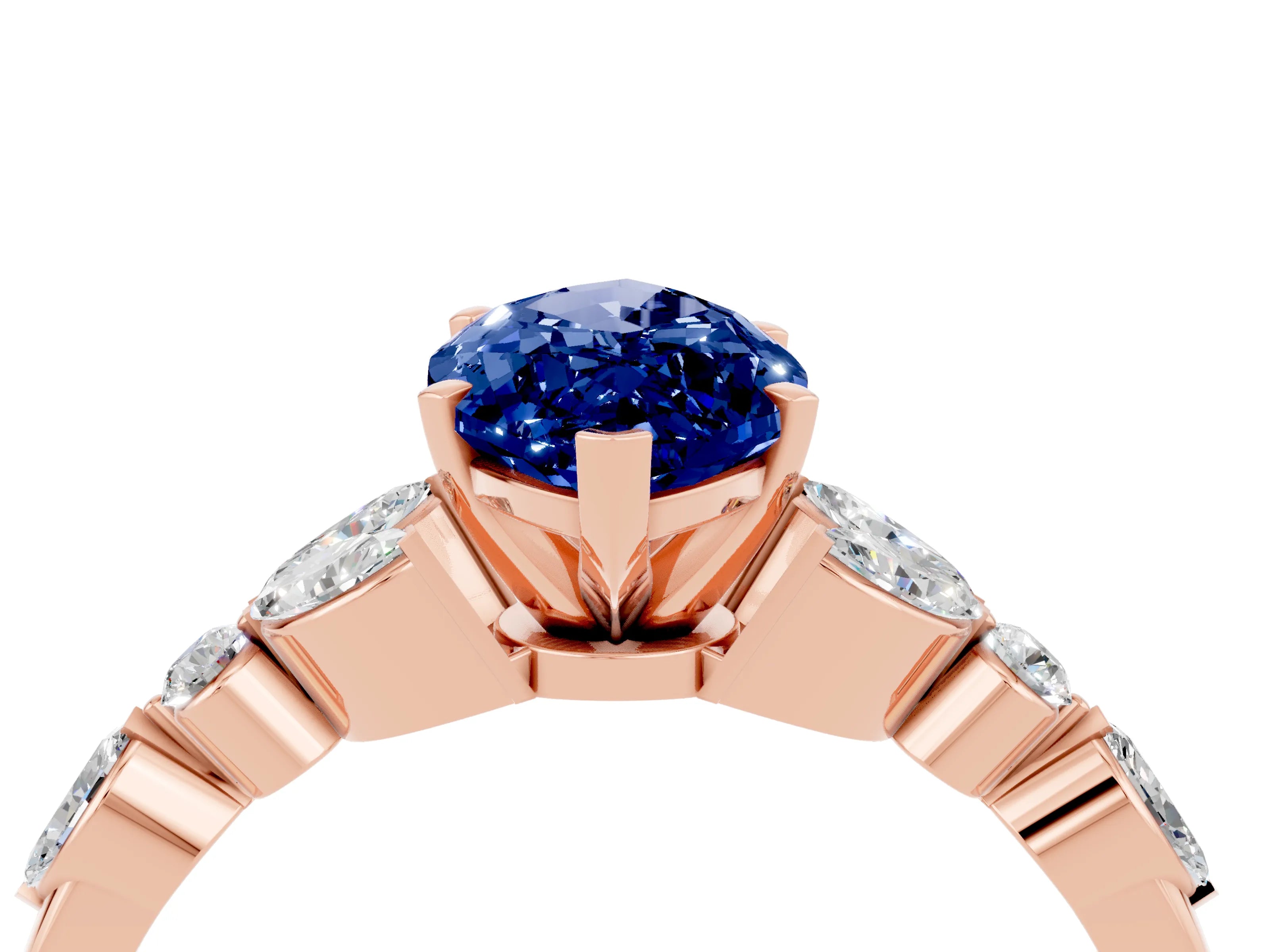 Rose gold Marquise Cut Blue Sapphire Solitaire Ring with Side Stones and Four-Prong Setting_16