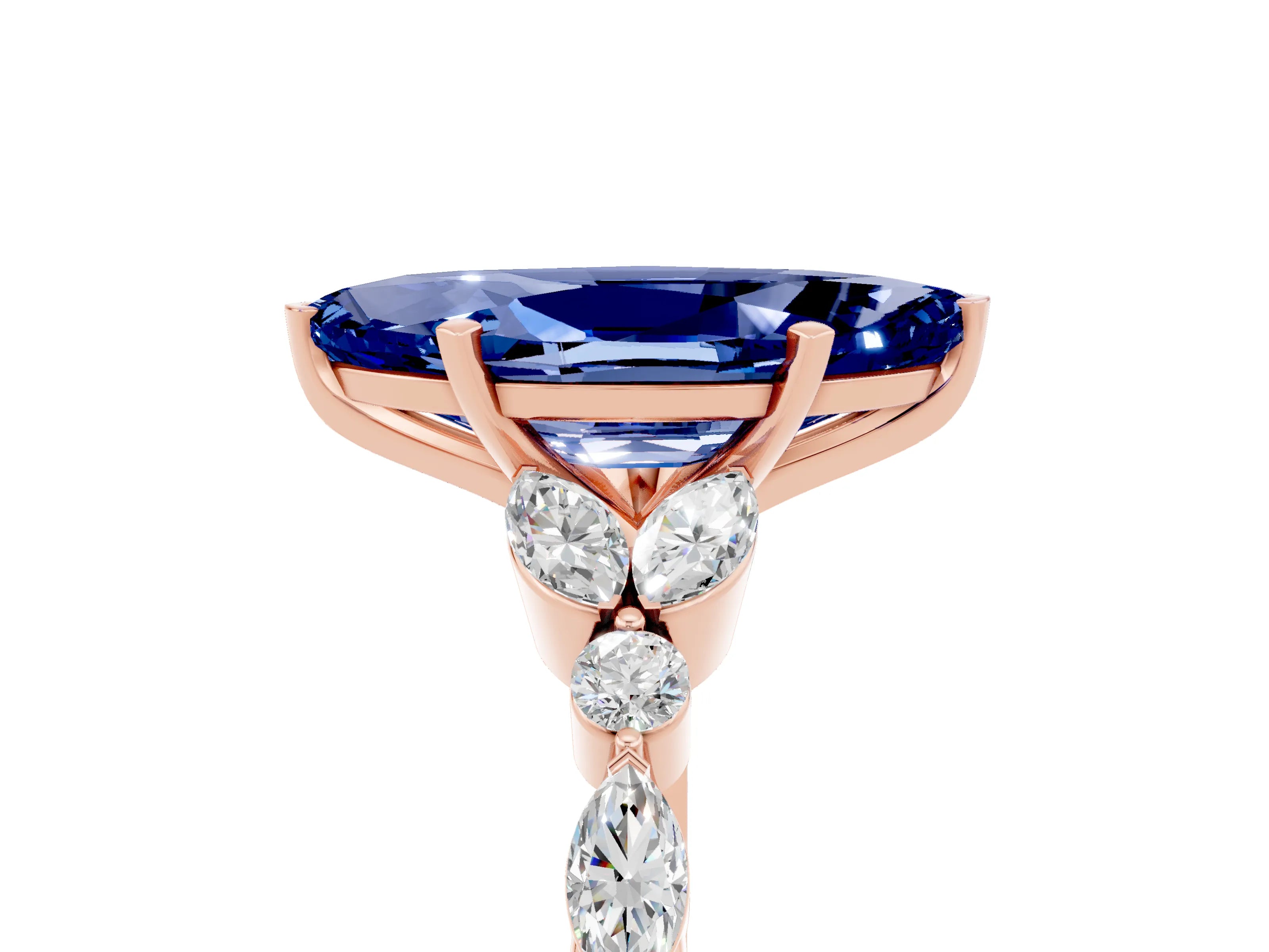 Rose gold Marquise Cut Blue Sapphire Solitaire Ring with Side Stones and Four-Prong Setting_17