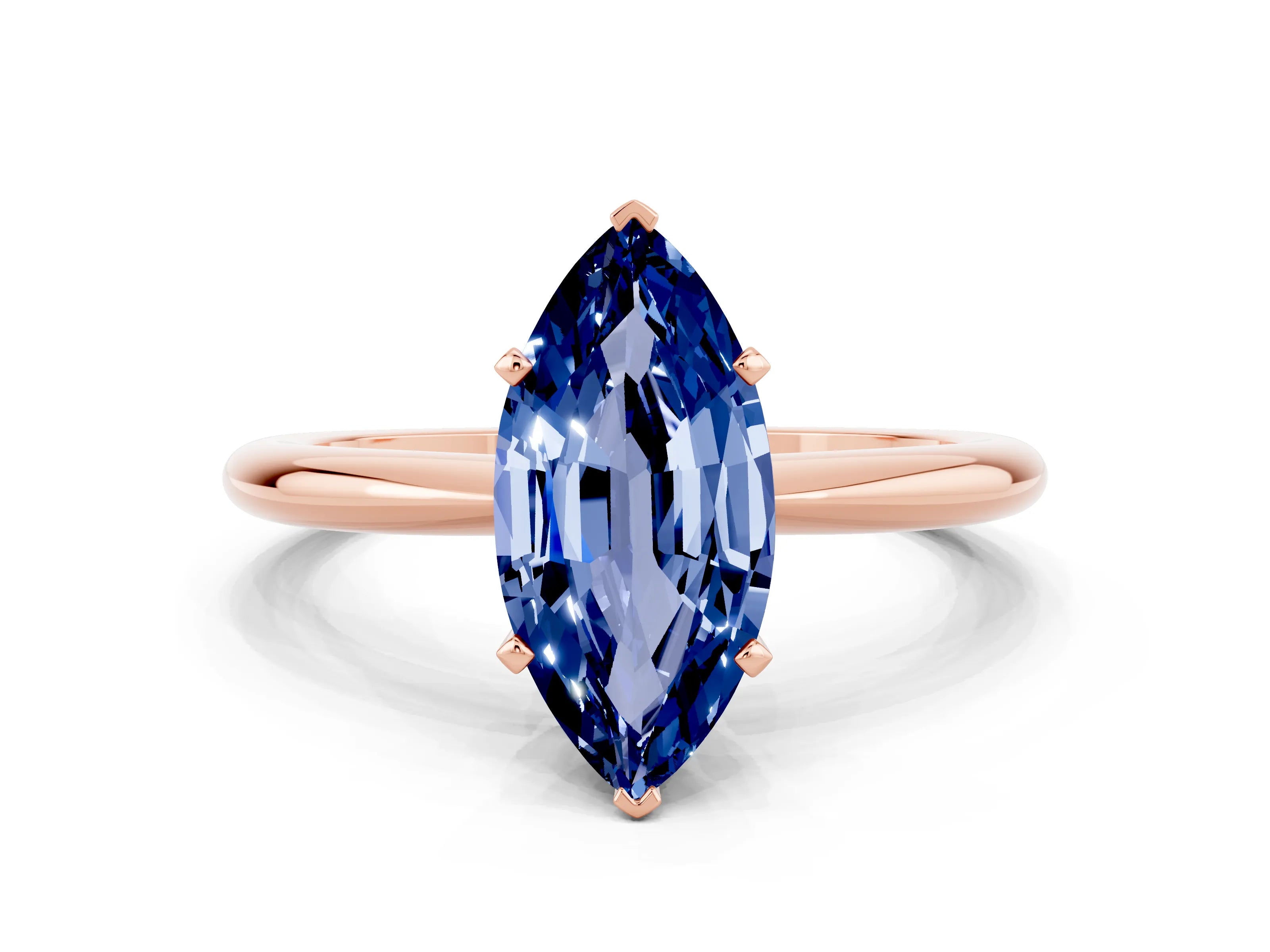 Rose gold Marquise Cut Blue Sapphire Solitaire Ring with Six-Prong Setting and Classic Band