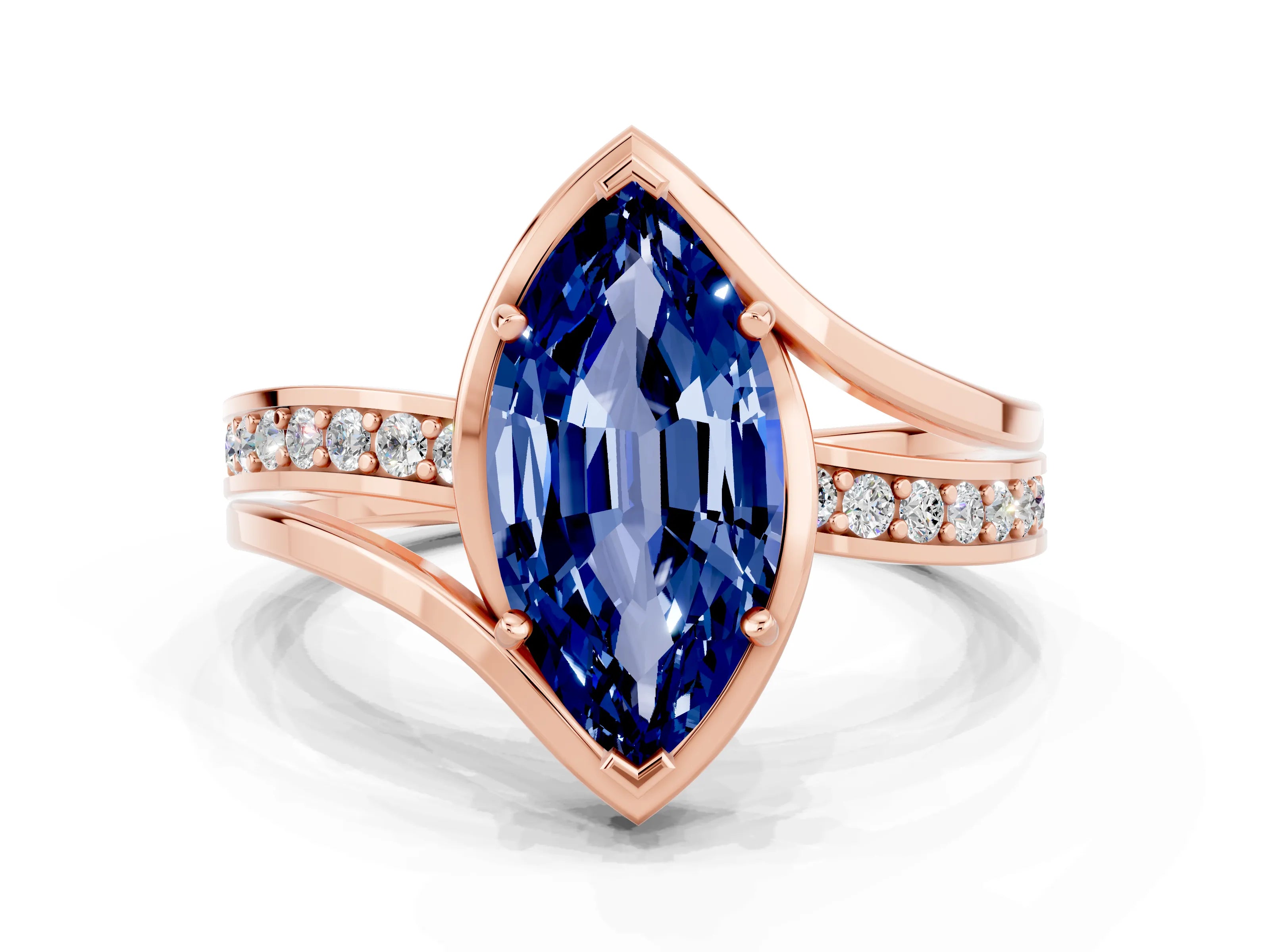 Rose gold Marquise Cut Blue Sapphire Solitaire Ring with Split Shank and Prong Setting