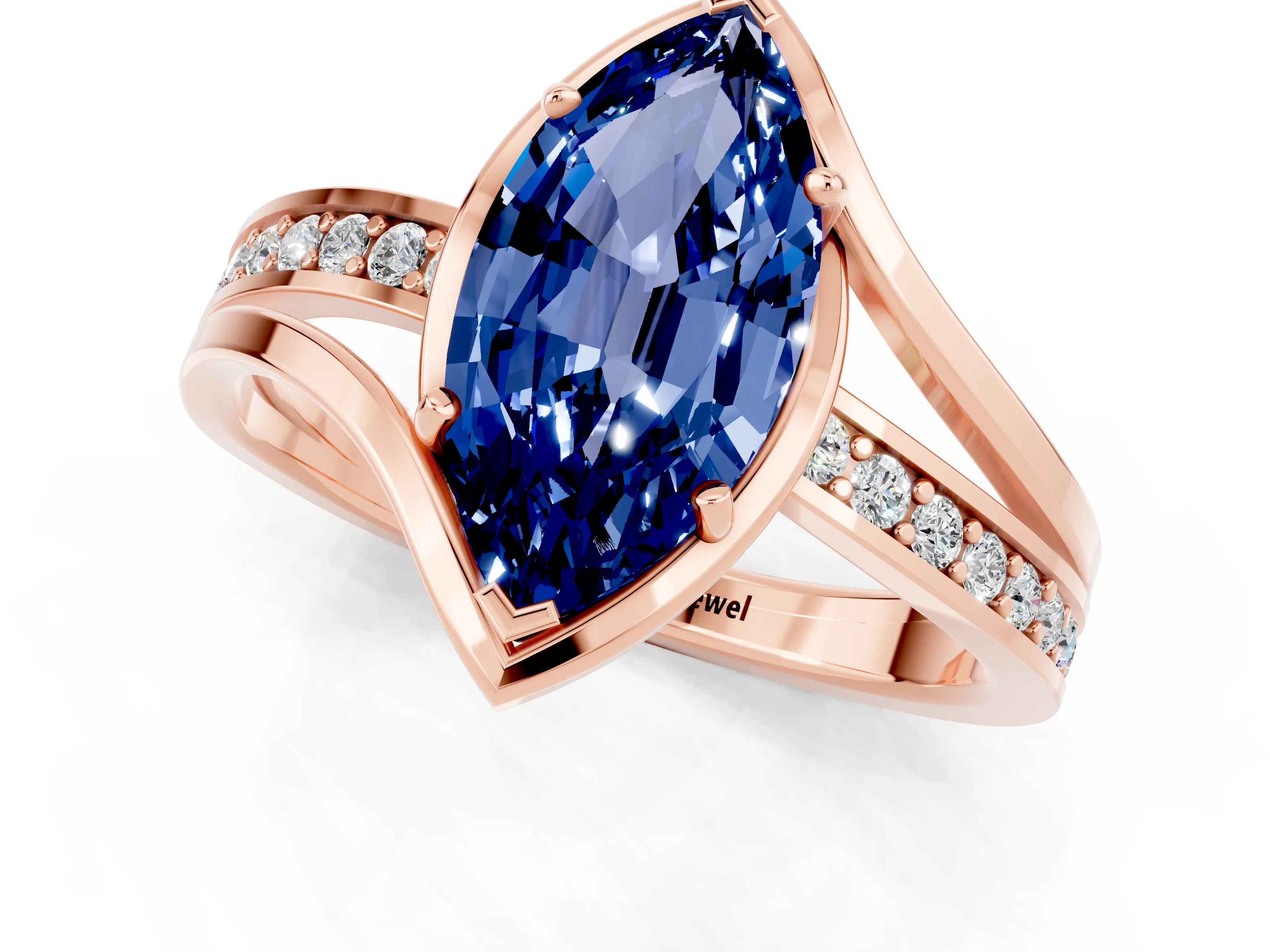 Rose gold Marquise Cut Blue Sapphire Solitaire Ring with Split Shank and Prong Setting_1