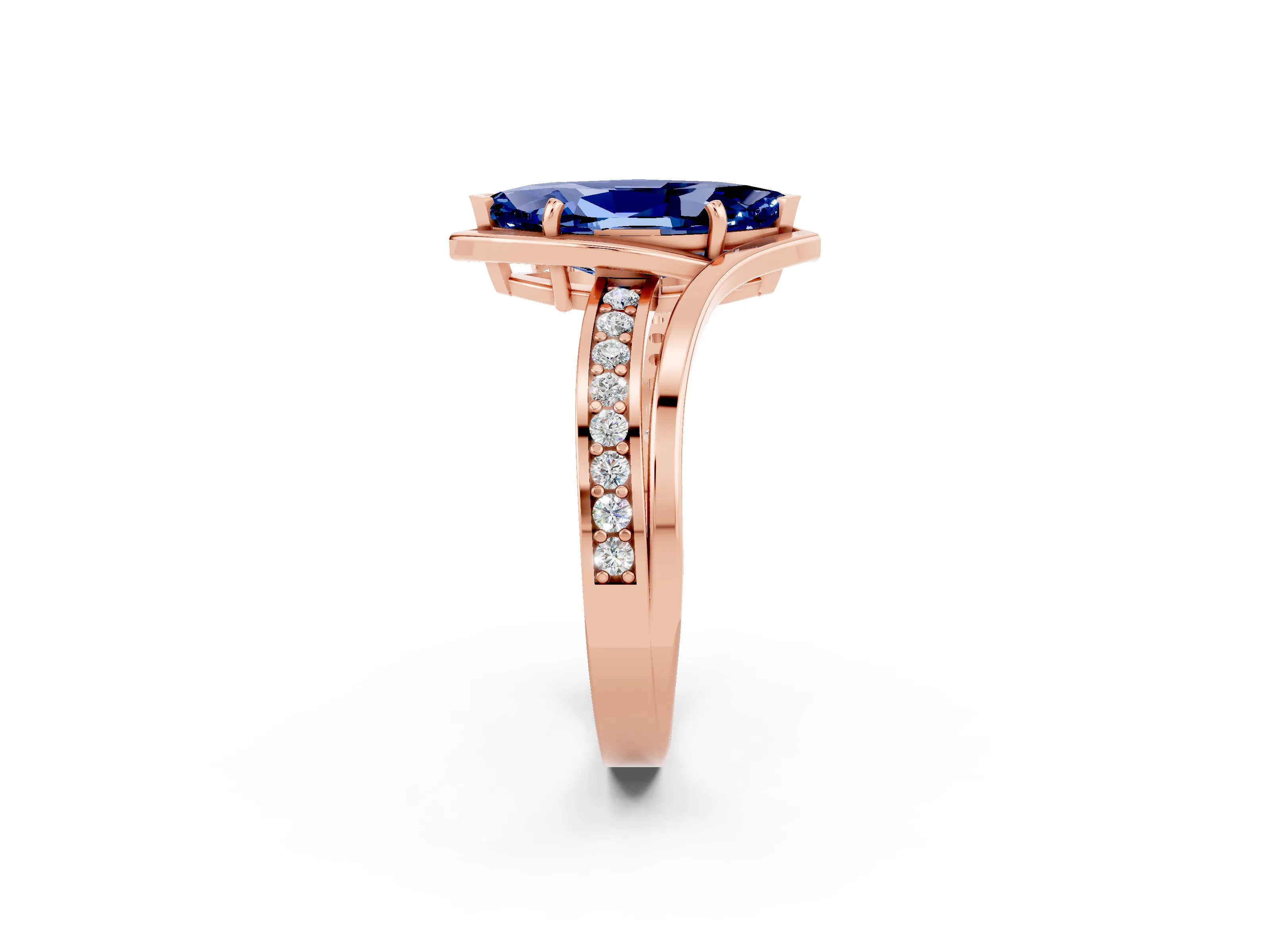 Rose gold Marquise Cut Blue Sapphire Solitaire Ring with Split Shank and Prong Setting_2