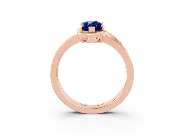 Rose gold Marquise Cut Blue Sapphire Solitaire Ring with Split Shank and Prong Setting