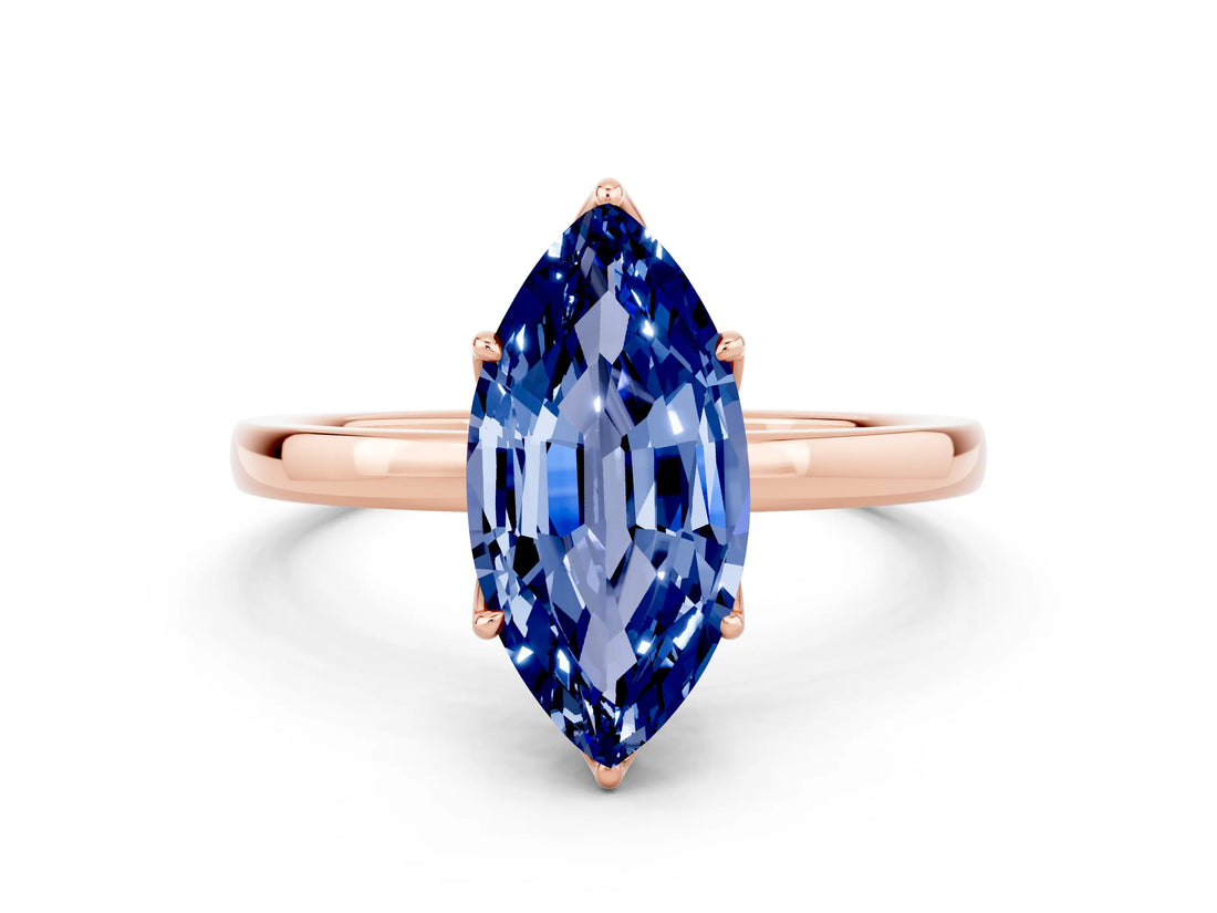 Rose gold Marquise Cut Blue Sapphire Solitaire Ring with Thin Band and Prong Setting_12
