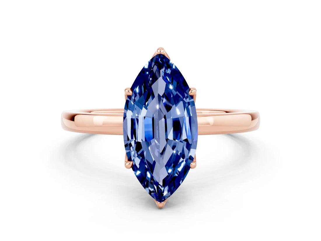 Rose gold Marquise Cut Blue Sapphire Solitaire Ring with Thin Band and Prong Setting_36