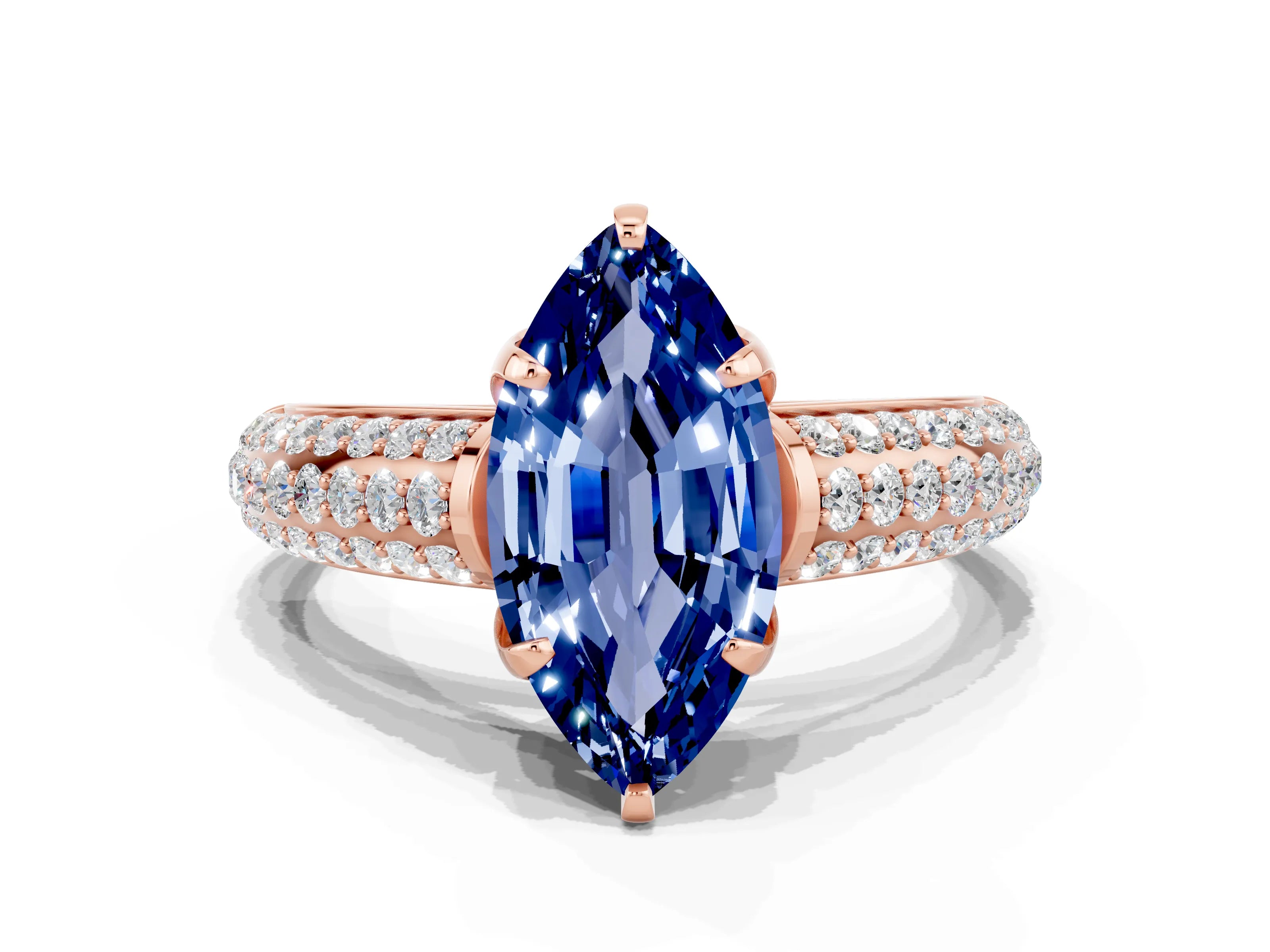 Rose gold Marquise Cut Blue Sapphire Solitaire Ring with Three-Row Pavé Band and Four-Prong Setting_12