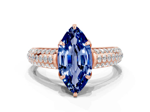 Rose gold Marquise Cut Blue Sapphire Solitaire Ring with Three-Row Pavé Band and Four-Prong Setting_12