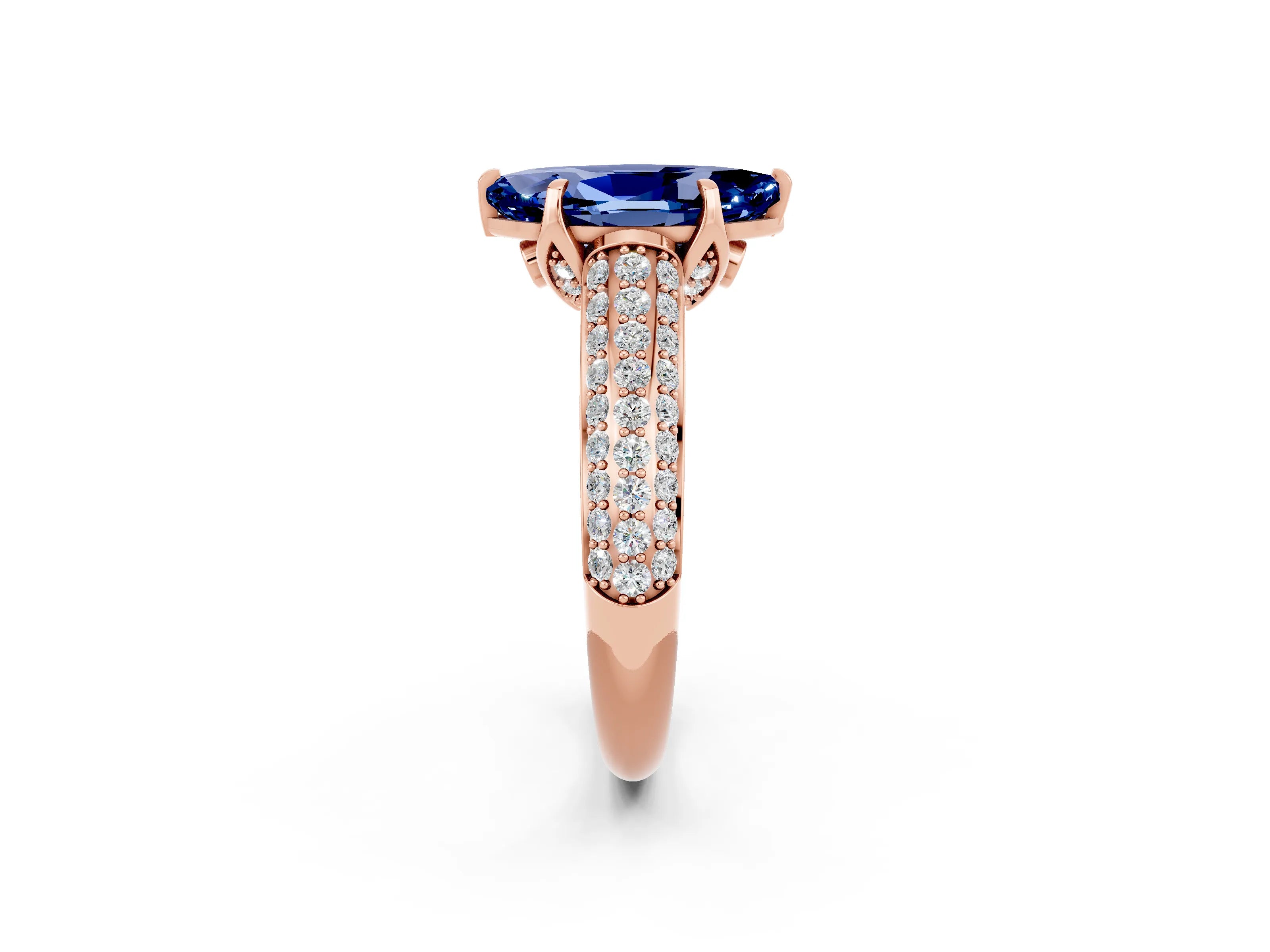 Rose gold Marquise Cut Blue Sapphire Solitaire Ring with Three-Row Pavé Band and Four-Prong Setting_14