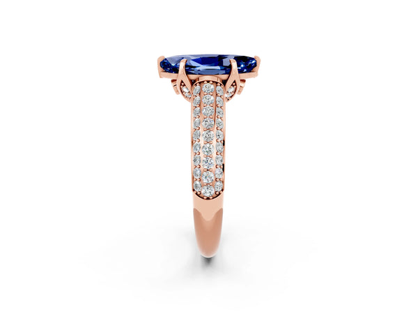 Rose gold Marquise Cut Blue Sapphire Solitaire Ring with Three-Row Pavé Band and Four-Prong Setting