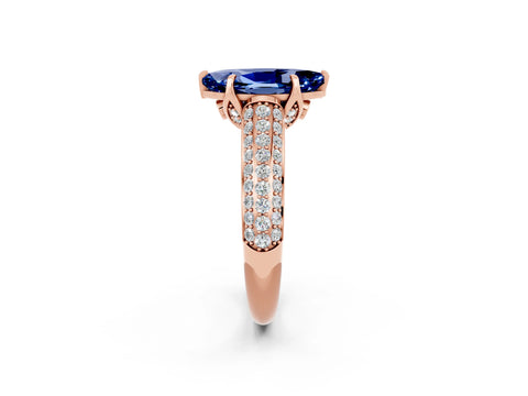 Rose gold Marquise Cut Blue Sapphire Solitaire Ring with Three-Row Pavé Band and Four-Prong Setting_14