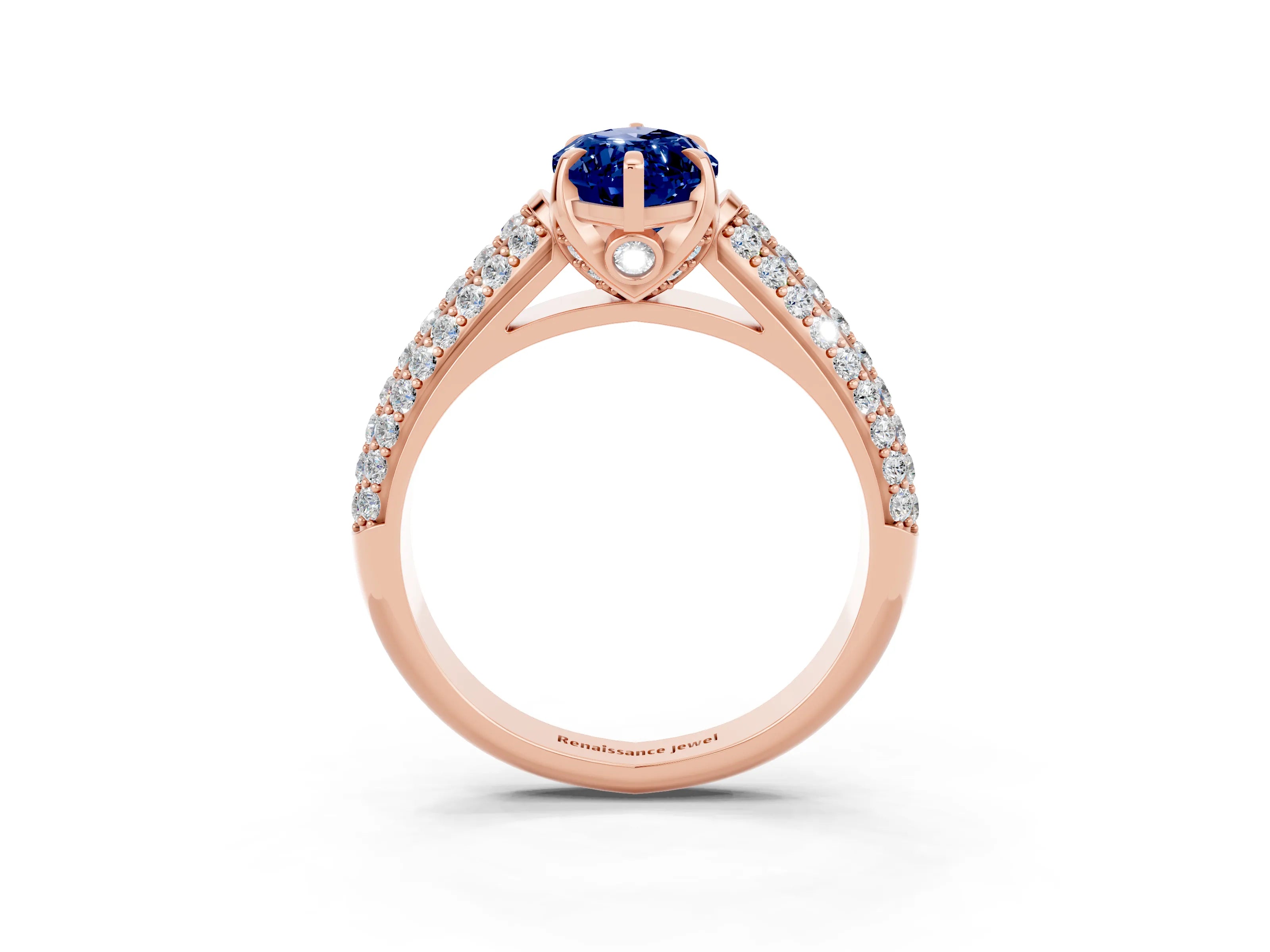 Rose gold Marquise Cut Blue Sapphire Solitaire Ring with Three-Row Pavé Band and Four-Prong Setting_15