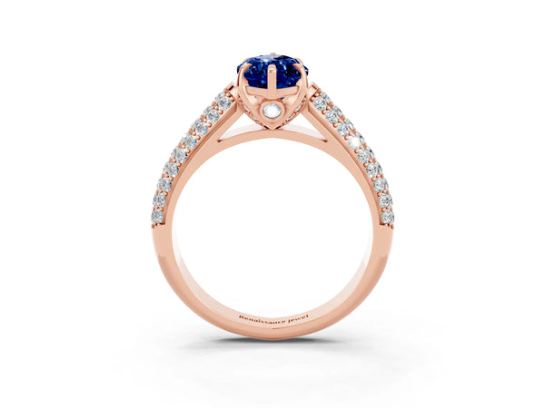 Rose gold Marquise Cut Blue Sapphire Solitaire Ring with Three-Row Pavé Band and Four-Prong Setting