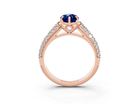 Rose gold Marquise Cut Blue Sapphire Solitaire Ring with Three-Row Pavé Band and Four-Prong Setting_15