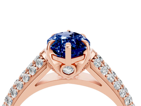 Rose gold Marquise Cut Blue Sapphire Solitaire Ring with Three-Row Pavé Band and Four-Prong Setting_16