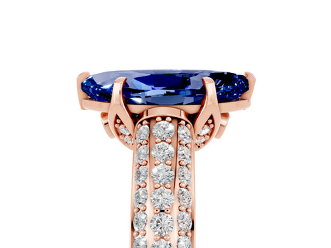 Rose gold Marquise Cut Blue Sapphire Solitaire Ring with Three-Row Pavé Band and Four-Prong Setting_17