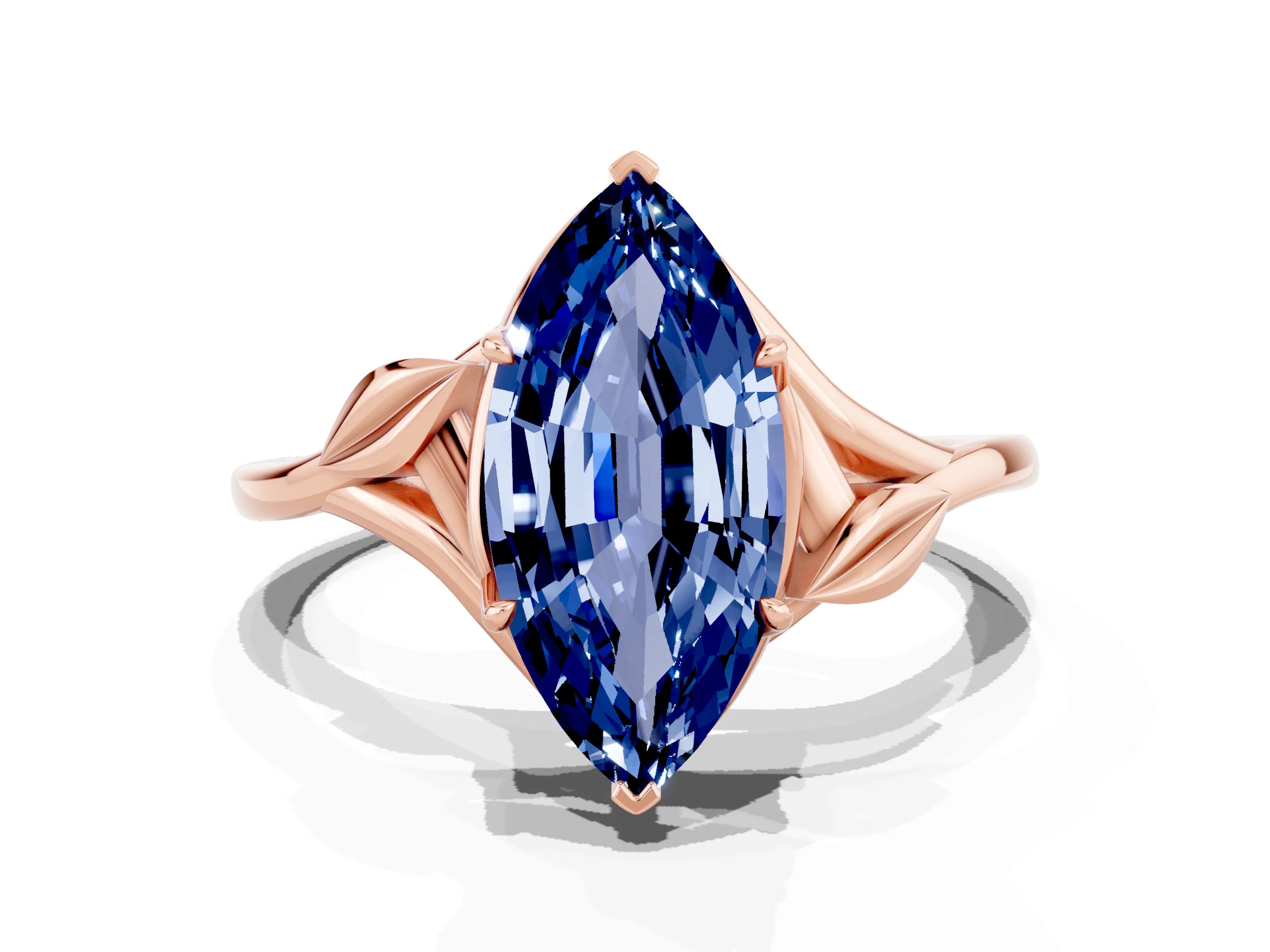 Rose gold Marquise Cut Blue Sapphire Solitaire Ring with Twist Band and Four-Prong Setting_24