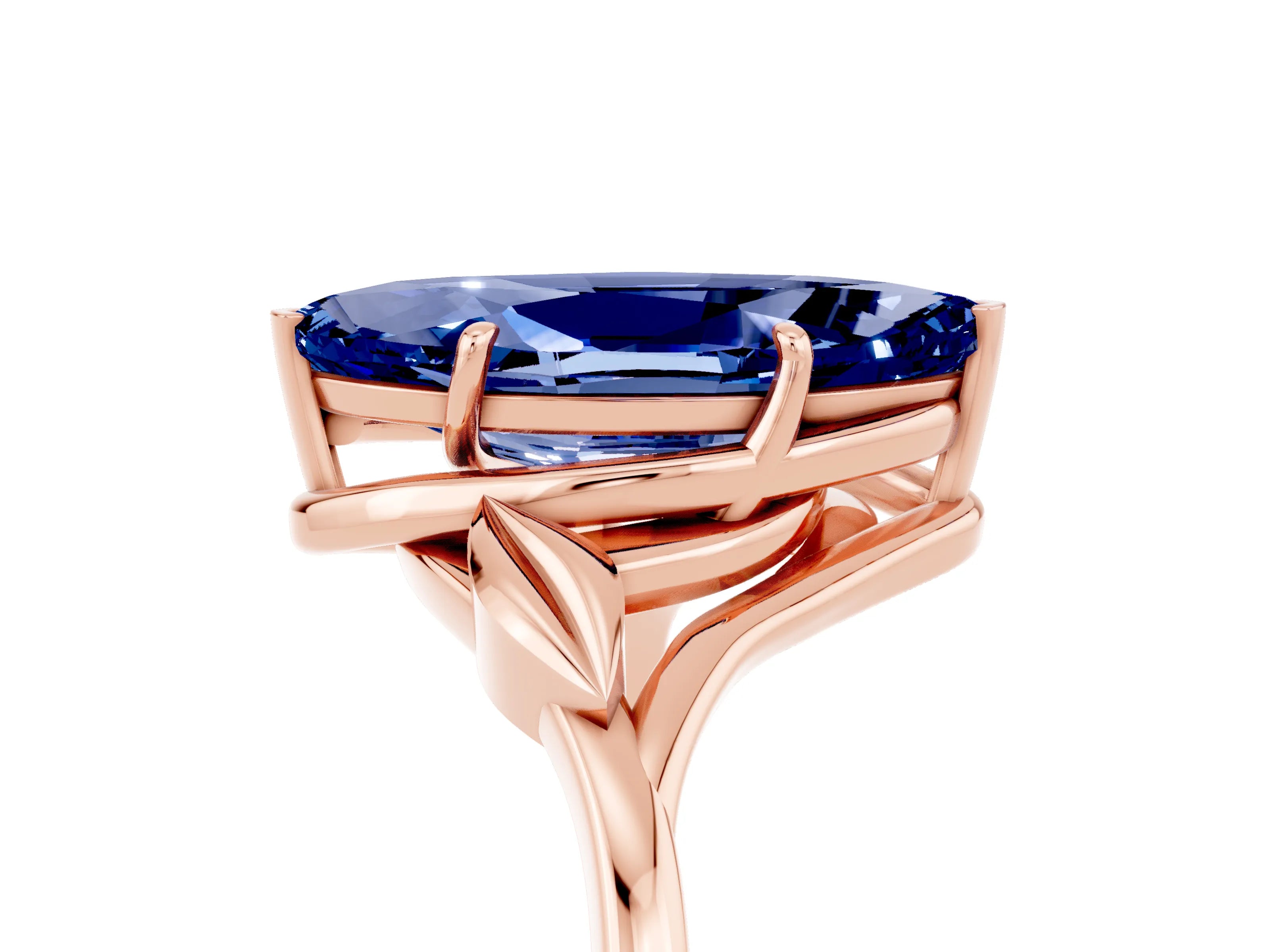 Rose gold Marquise Cut Blue Sapphire Solitaire Ring with Twist Band and Four-Prong Setting_29