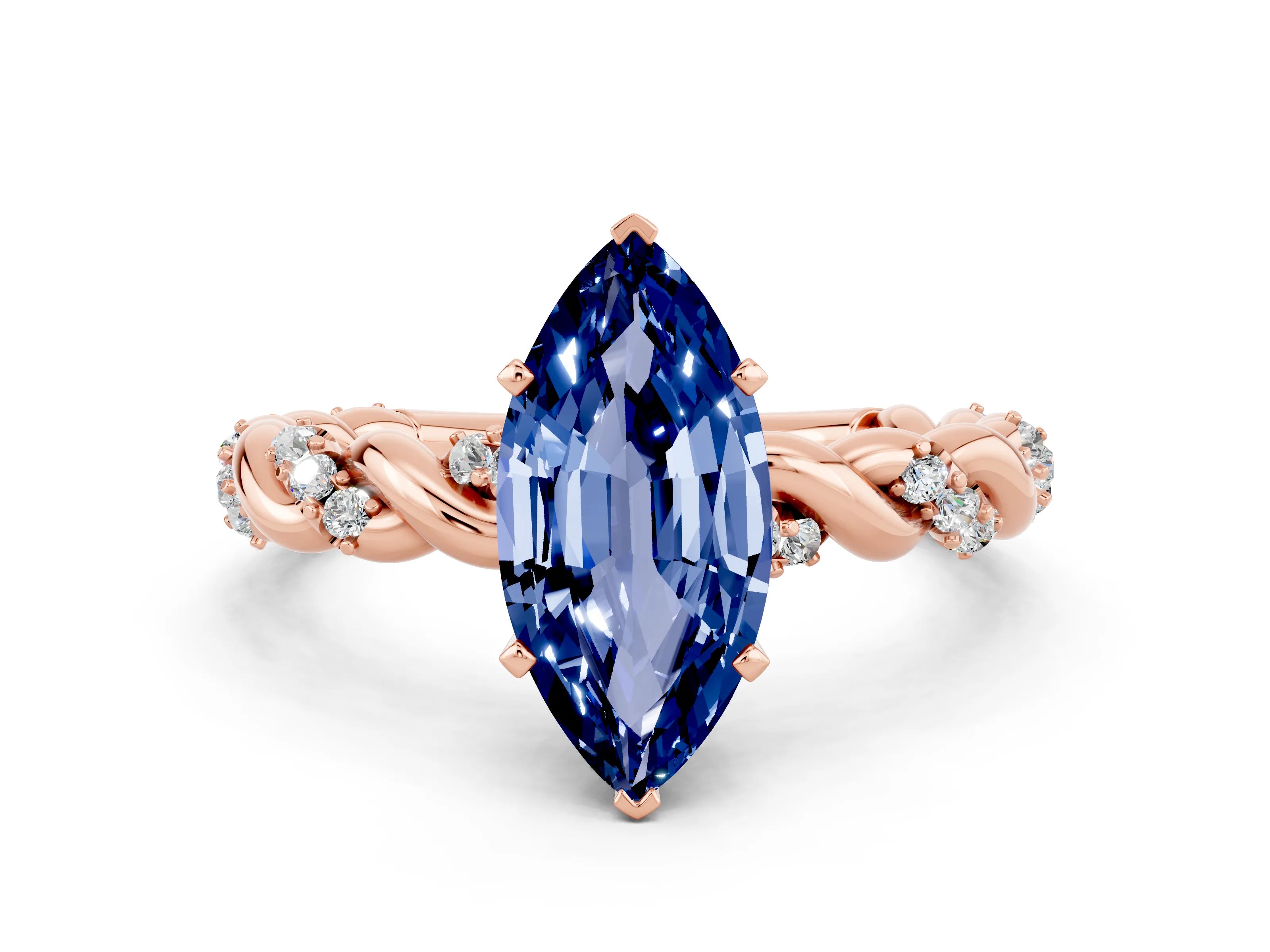Rose gold Marquise Cut Blue Sapphire Solitaire Ring with Twisted Band and Pavé Accents