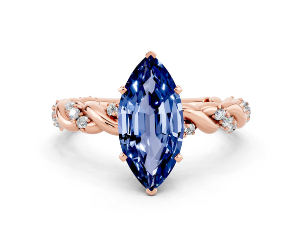 Rose gold Marquise Cut Blue Sapphire Solitaire Ring with Twisted Band and Pavé Accents