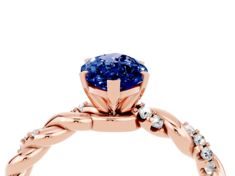 Rose gold Marquise Cut Blue Sapphire Solitaire Ring with Twisted Band and Pavé Accents_4