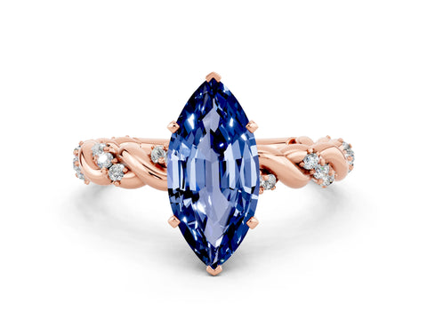 Rose gold Marquise Cut Blue Sapphire Solitaire Ring with Twisted Band and Pavé Accents