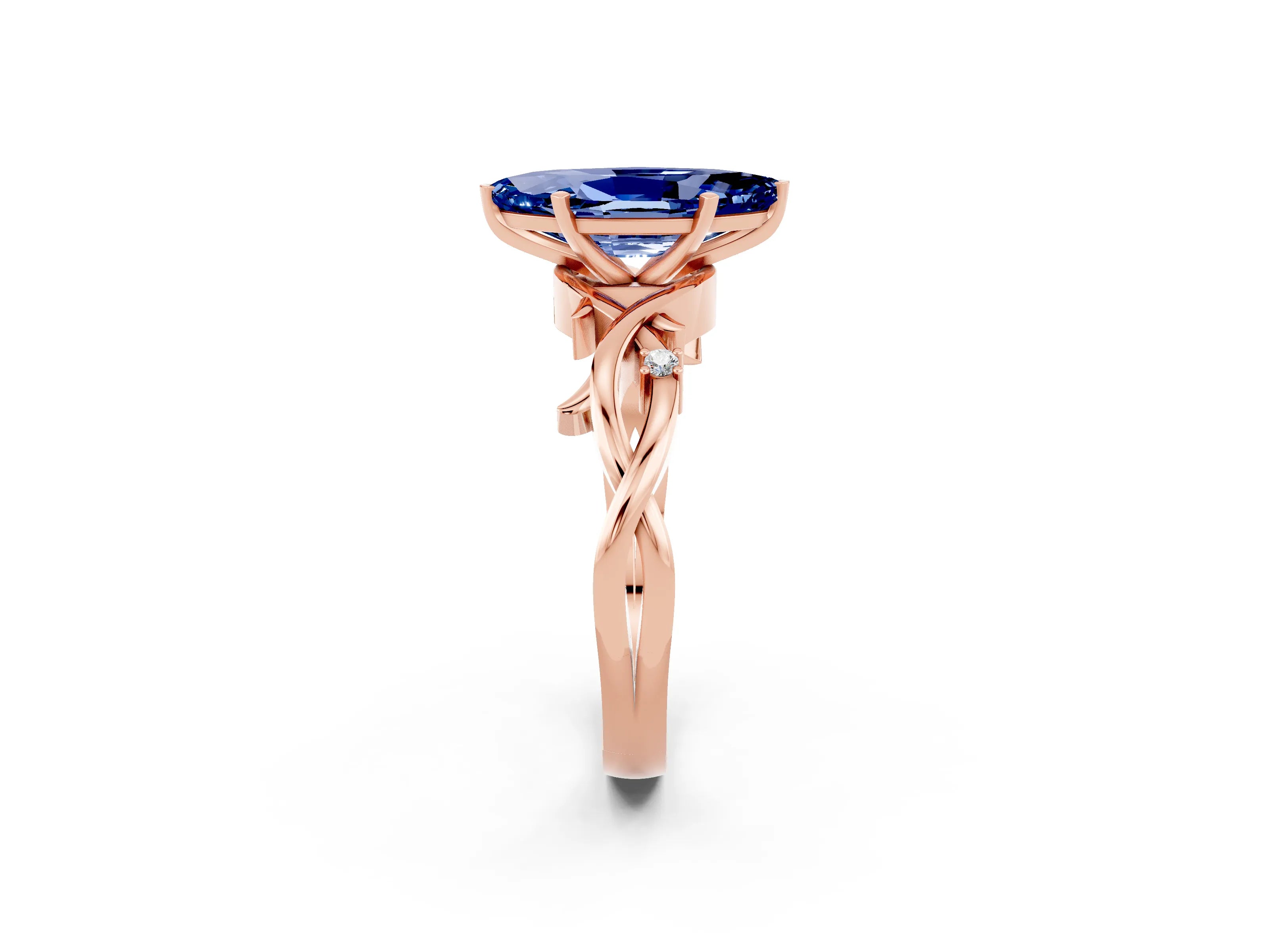 Rose gold Marquise Cut Blue Sapphire Solitaire Ring with Twisted Band and Prong Setting_2