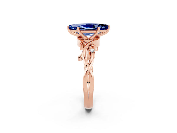 Rose gold Marquise Cut Blue Sapphire Solitaire Ring with Twisted Band and Prong Setting