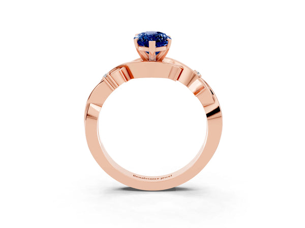 Rose gold Marquise Cut Blue Sapphire Solitaire Ring with Twisted Band and Prong Setting