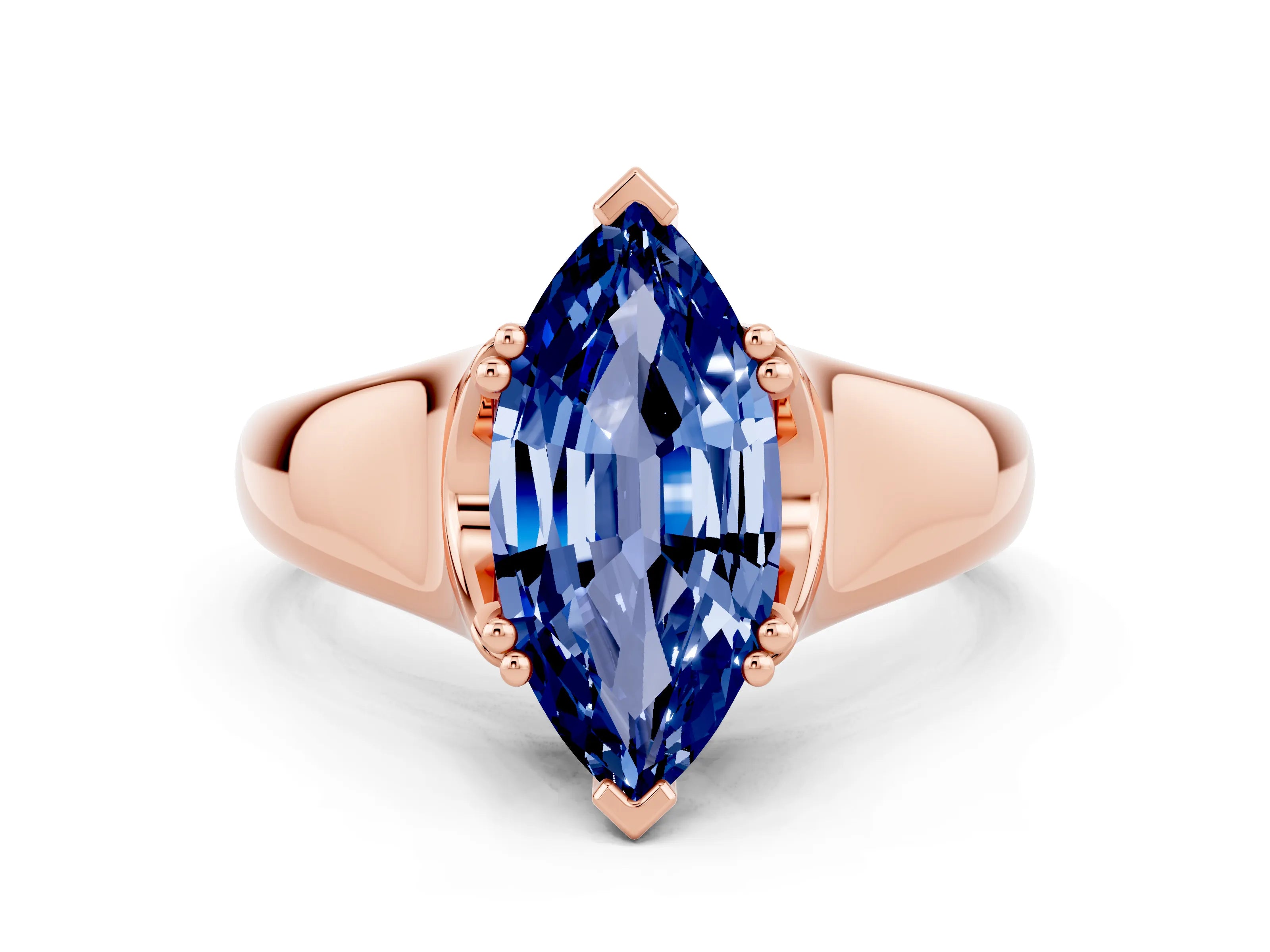 Rose gold Marquise Cut Blue Sapphire Solitaire Ring with Wide Band and Prong Setting