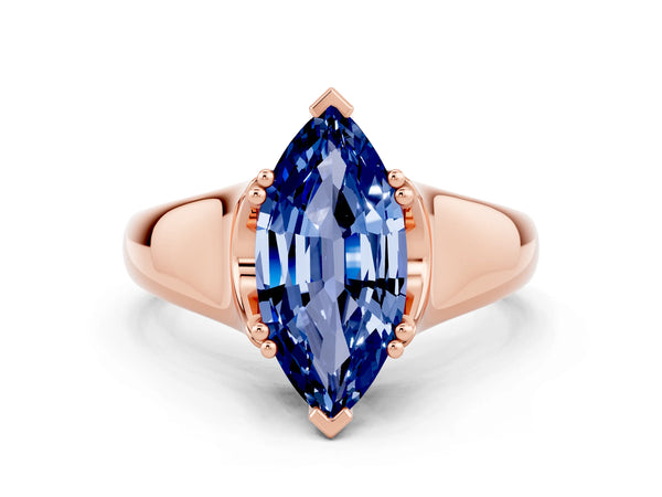 Rose gold Marquise Cut Blue Sapphire Solitaire Ring with Wide Band and Prong Setting