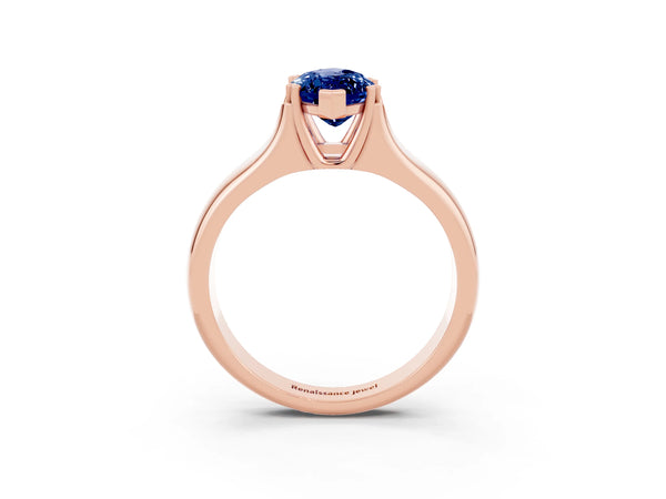 Rose gold Marquise Cut Blue Sapphire Solitaire Ring with Wide Band and Prong Setting