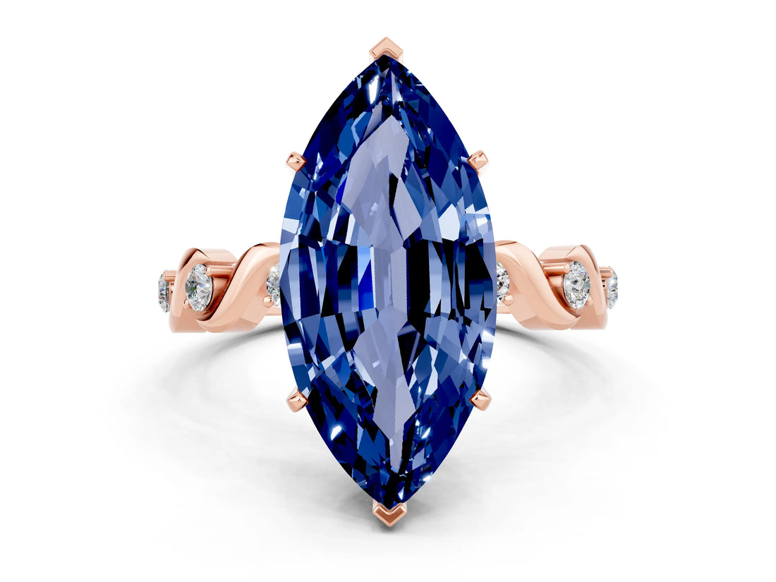 Rose gold Marquise Cut Blue Sapphire Solitaire Twisted Band with Round  Accents and Prong Setting_12
