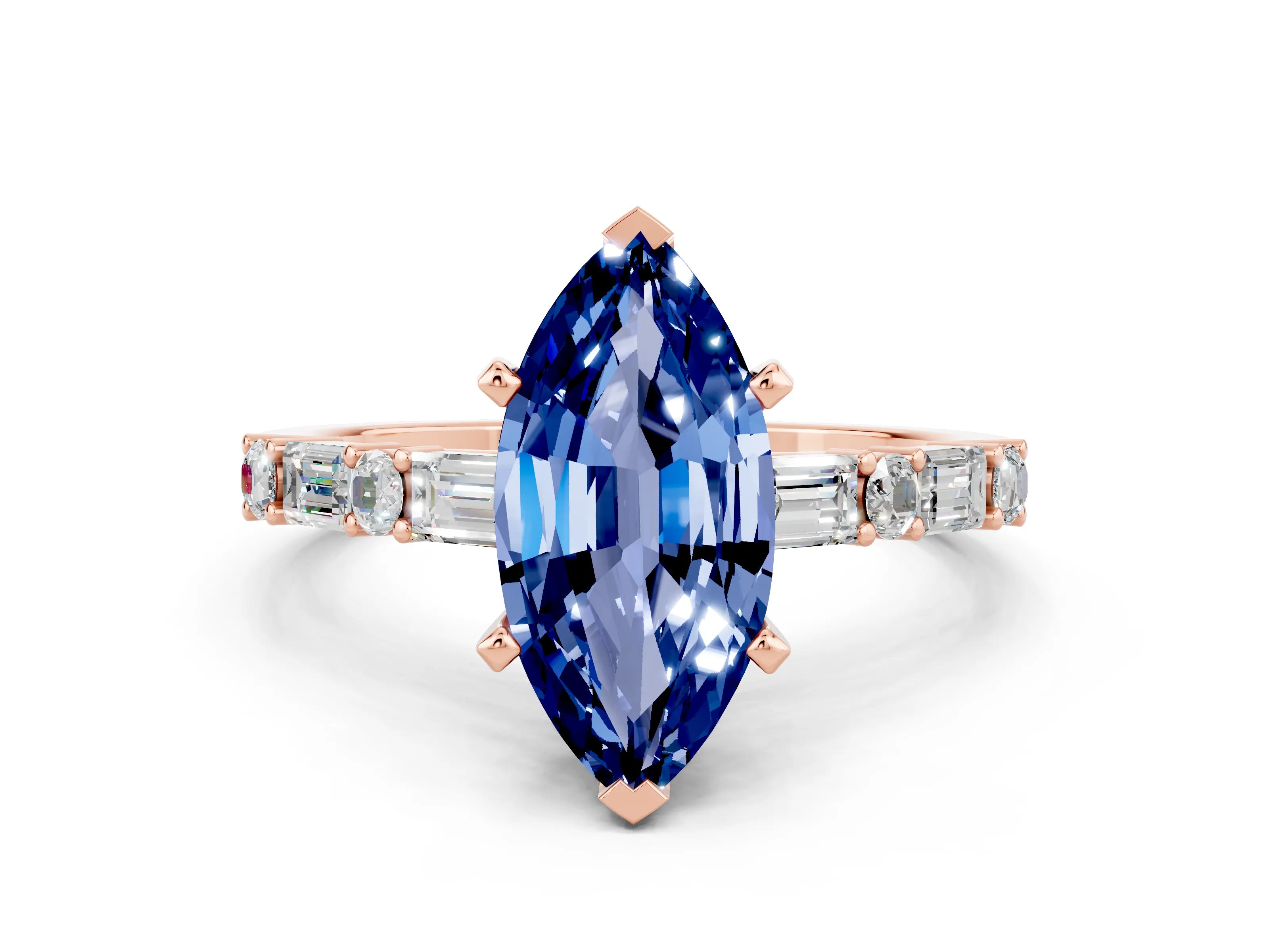 Rose gold Marquise Cut Blue Sapphire Solitaire with Side Baguettes and Channel Set Band