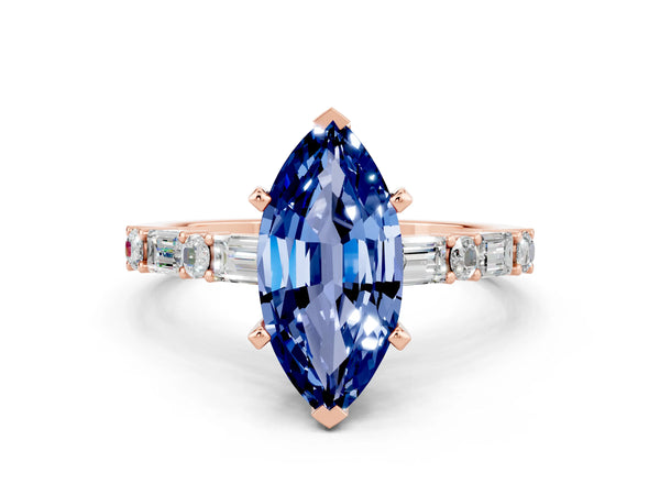Rose gold Marquise Cut Blue Sapphire Solitaire with Side Baguettes and Channel Set Band