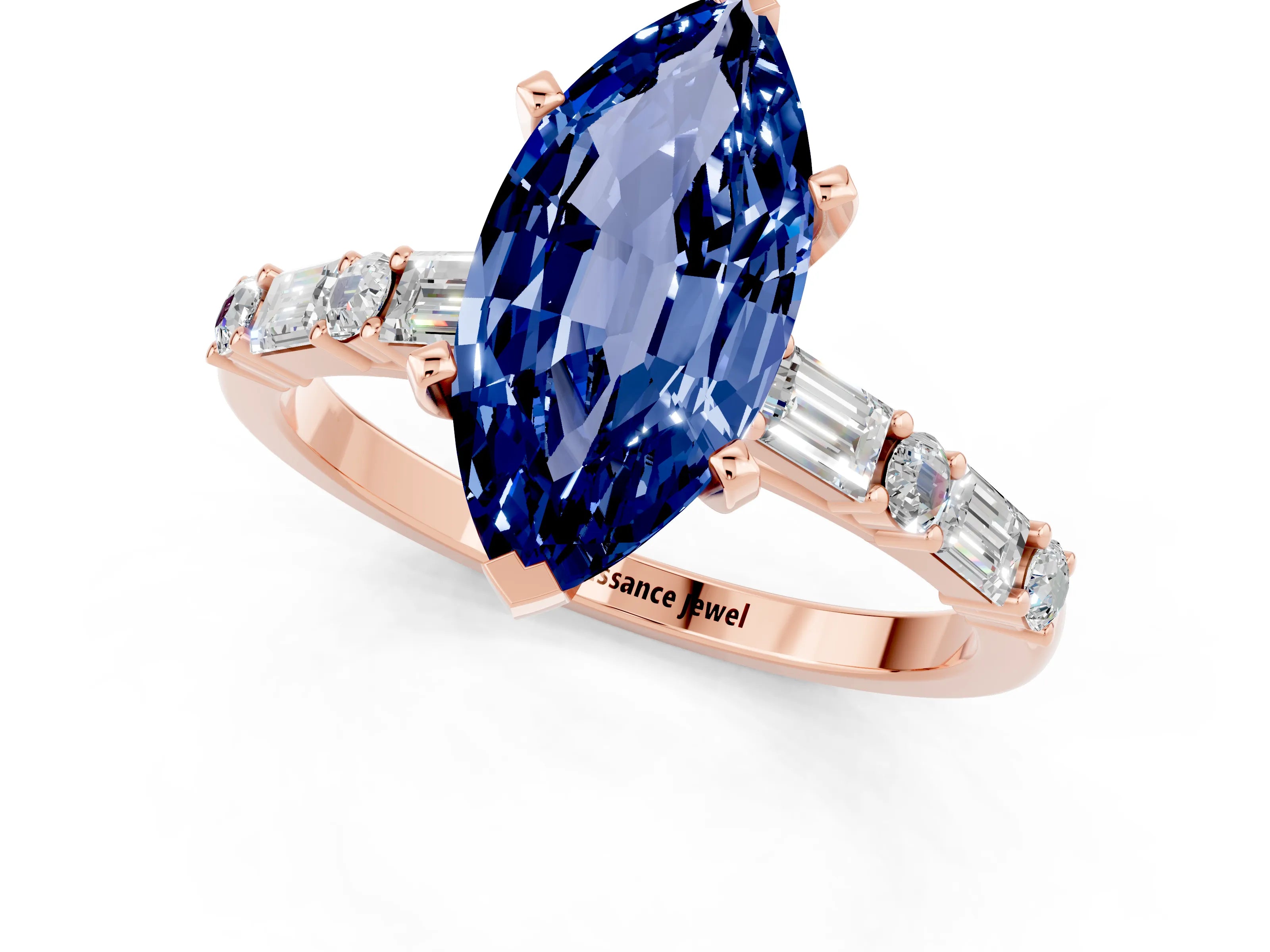 Rose gold Marquise Cut Blue Sapphire Solitaire with Side Baguettes and Channel Set Band_1
