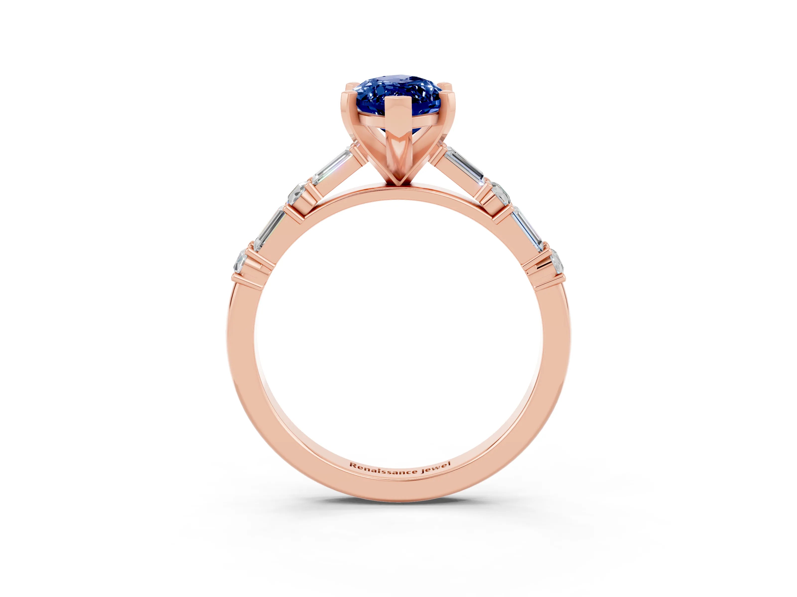 Rose gold Marquise Cut Blue Sapphire Solitaire with Side Baguettes and Channel Set Band_3