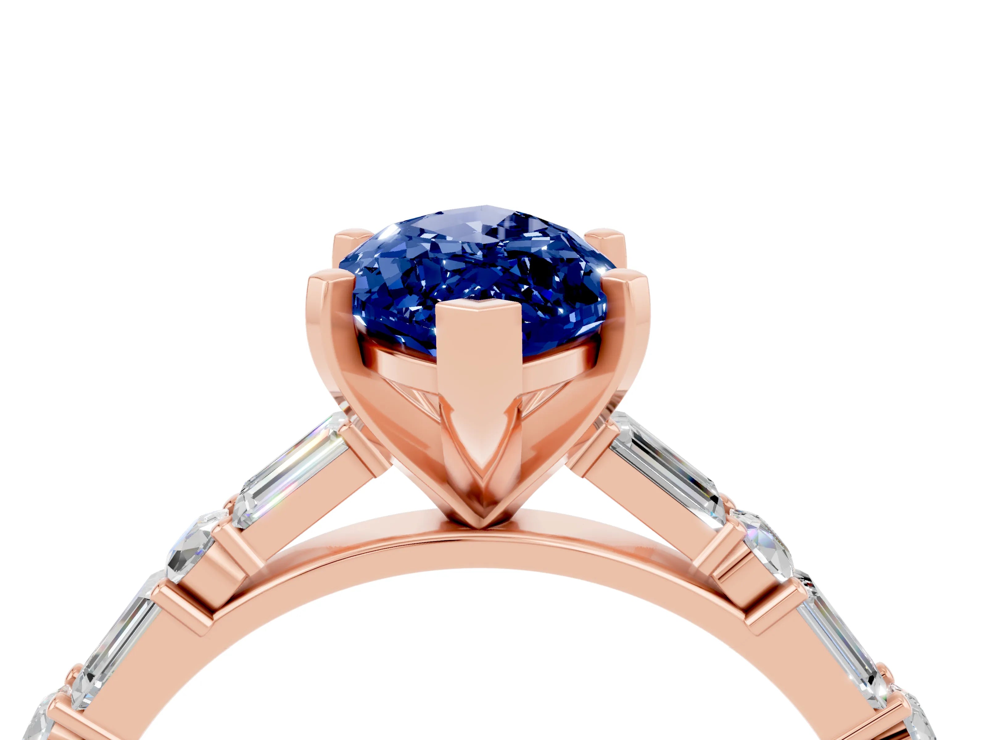 Rose gold Marquise Cut Blue Sapphire Solitaire with Side Baguettes and Channel Set Band_4