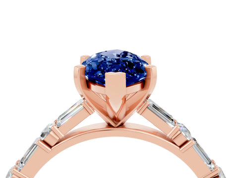 Rose gold Marquise Cut Blue Sapphire Solitaire with Side Baguettes and Channel Set Band_4